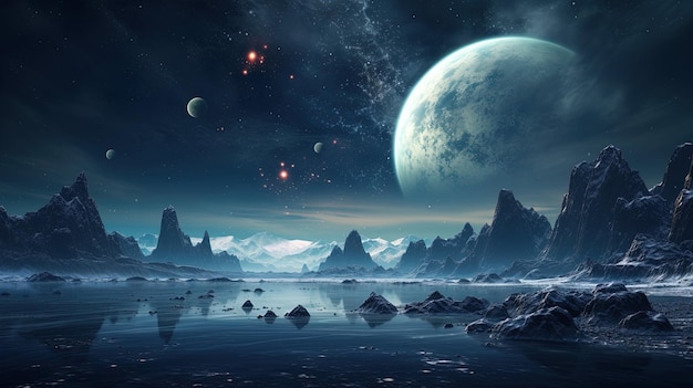 Premium AI Image | Night sky view of an alien planet with stars moons